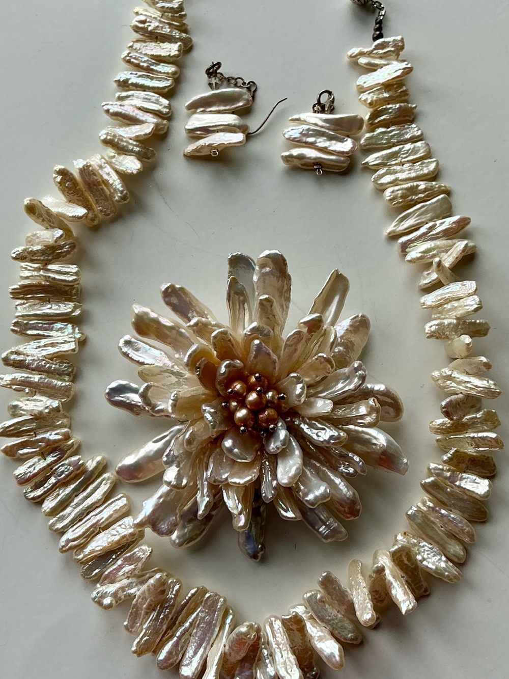 Freshwater Biwa Stick Pearl Necklace Flower 3” Brooch Luster Organic Dimensional